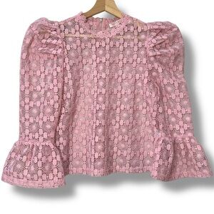 Mele e‎ Pere Floral Top Small Lace Blouse Pink Sheer Romantic Cottagecore Fairy